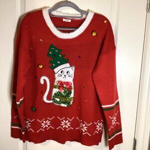 Ardene Women's Christmas Ugly Knit Red Cat Sweater Festive Size L Graphic